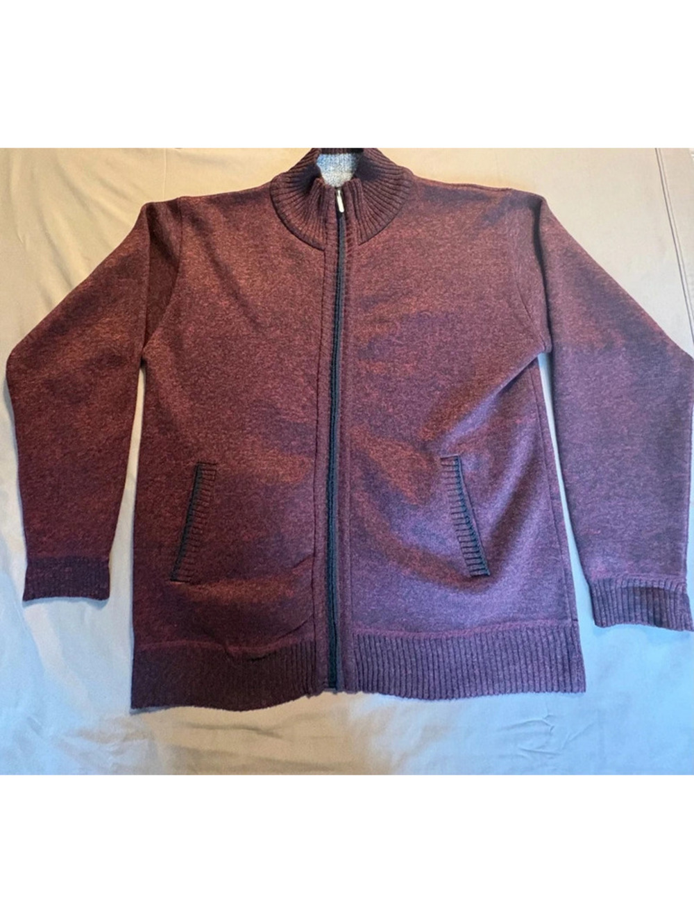YeoKou Men's Full Zip Fleece Plaid Lined Knit Cardigan Sweater Burgundy Size XL